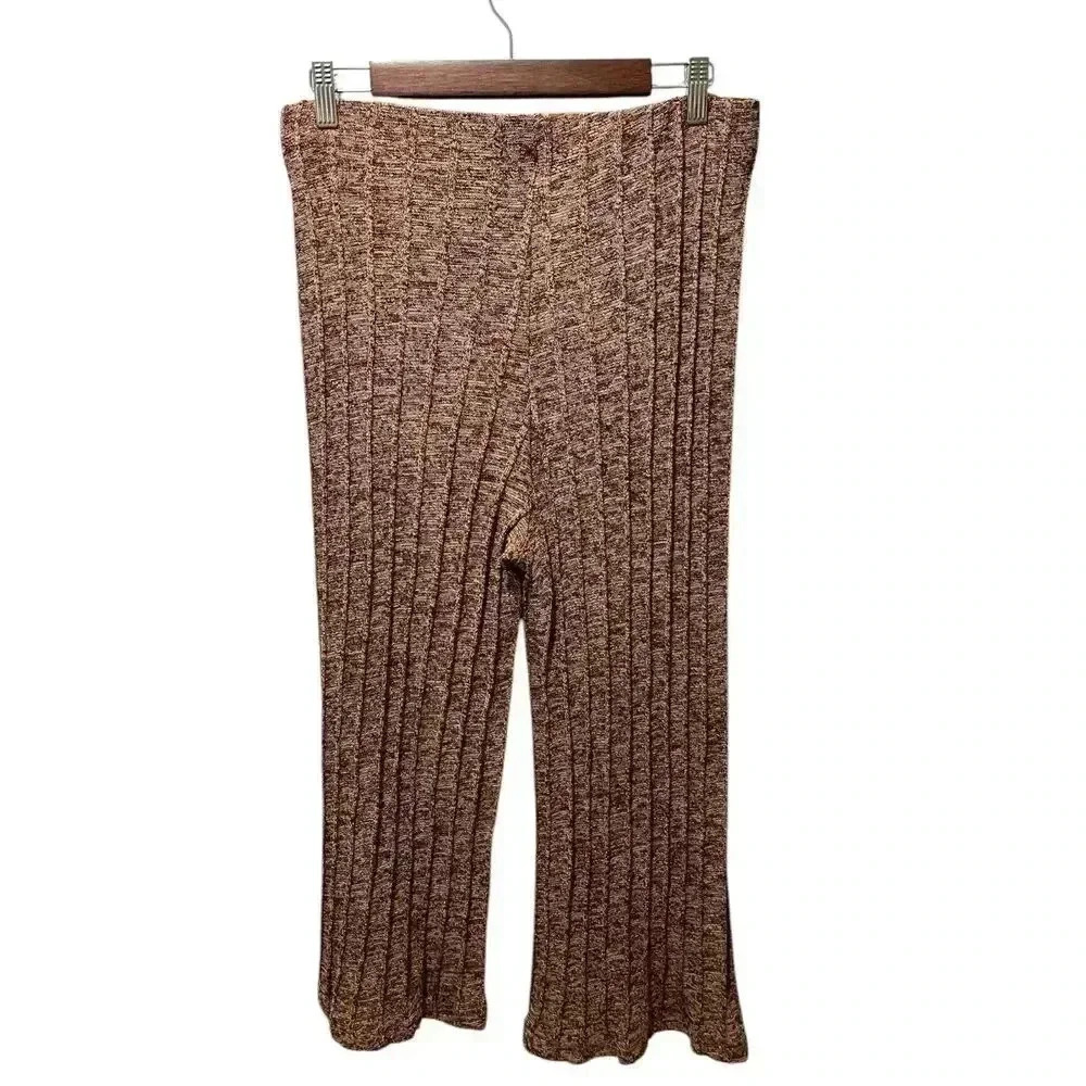 Zara Women's Ribbed Boho Hippie Knit Pants Size Large Flare Leg Brown Multicolor